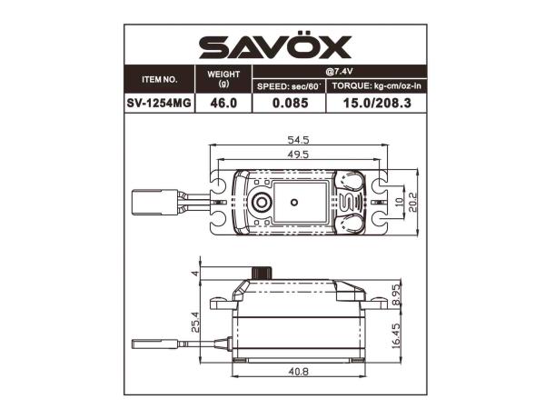 SAVÖX SV-1254MG Low Profile Coreless Digital Servo 15kg/0,085sek